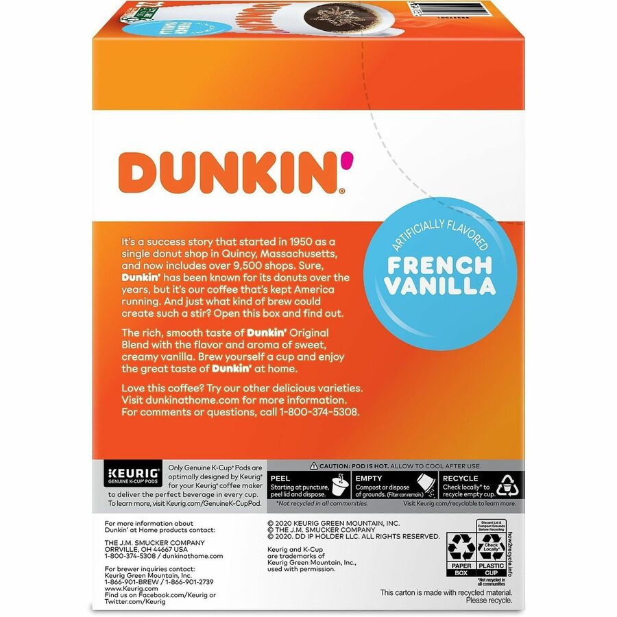 Dunkin'® K-Cup, Pod French Vanilla Coffee - Compatible with Keurig Brewer - Medium - 22 K-Cup - K-Cup, Pod - French Vanilla, Original Blend - Kosher - 4 / Carton