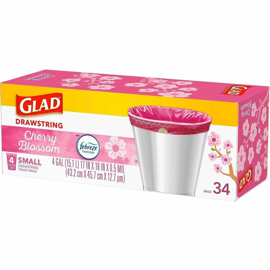 Glad Odorshield Cherry Blossom Trash Bags - Cherry Blossom - Small Size - 4 gal Capacity - 18" Length x 17" Width - Drawstring Closure - Pink - Garbage, Kitchen, Bedroom, Bathroom - 34/Box - 6 / Carton