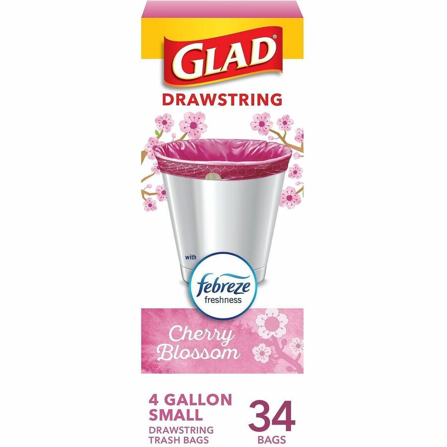 Glad Odorshield Cherry Blossom Trash Bags - Cherry Blossom - Small Size - 4 gal Capacity - 18" Length x 17" Width - Drawstring Closure - Pink - Garbage, Kitchen, Bedroom, Bathroom - 34/Box - 6 / Carton