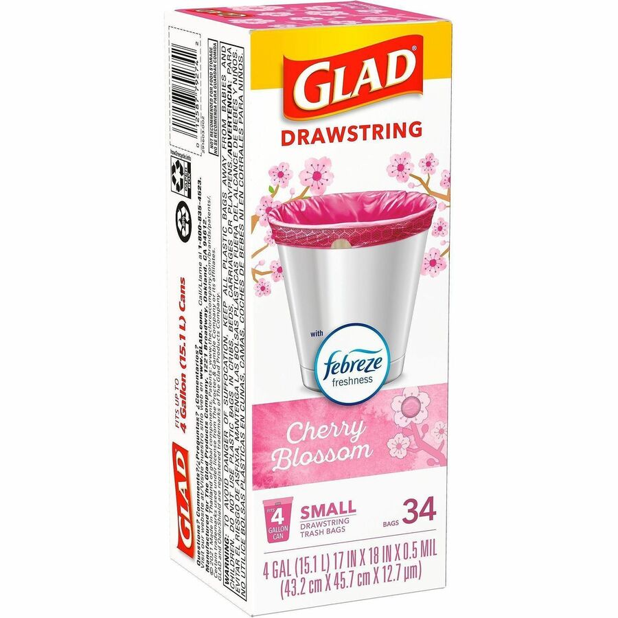 Glad Odorshield Cherry Blossom Trash Bags - Cherry Blossom - Small Size - 4 gal Capacity - 18" Length x 17" Width - Drawstring Closure - Pink - Garbage, Kitchen, Bedroom, Bathroom - 34/Box - 6 / Carton