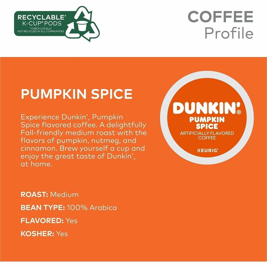 Dunkin' Donuts® K-Cup Pumpkin Spice Coffee - Compatible with Keurig K-Cup Brewer - Medium - 22 K-Cup - K-Cup - Pumpkin Spice - 4 / Carton