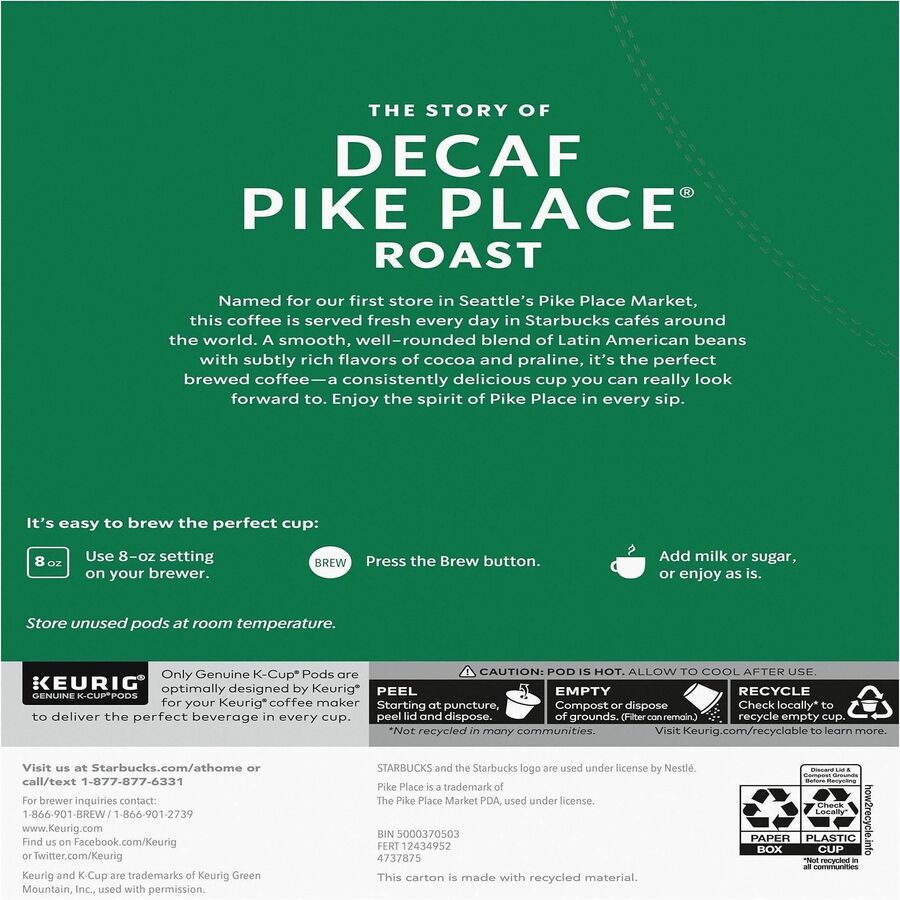 Starbucks® K-Cup Decaf Pike Place Roast Coffee - Compatible with Keurig K-Cup Brewer - American - Medium - 24 K-Cup - K-Cup - Arabica, Latin America, Chocolate, Toasted Nut, Pike Place Roast - Decaffeinated - 4 / Carton