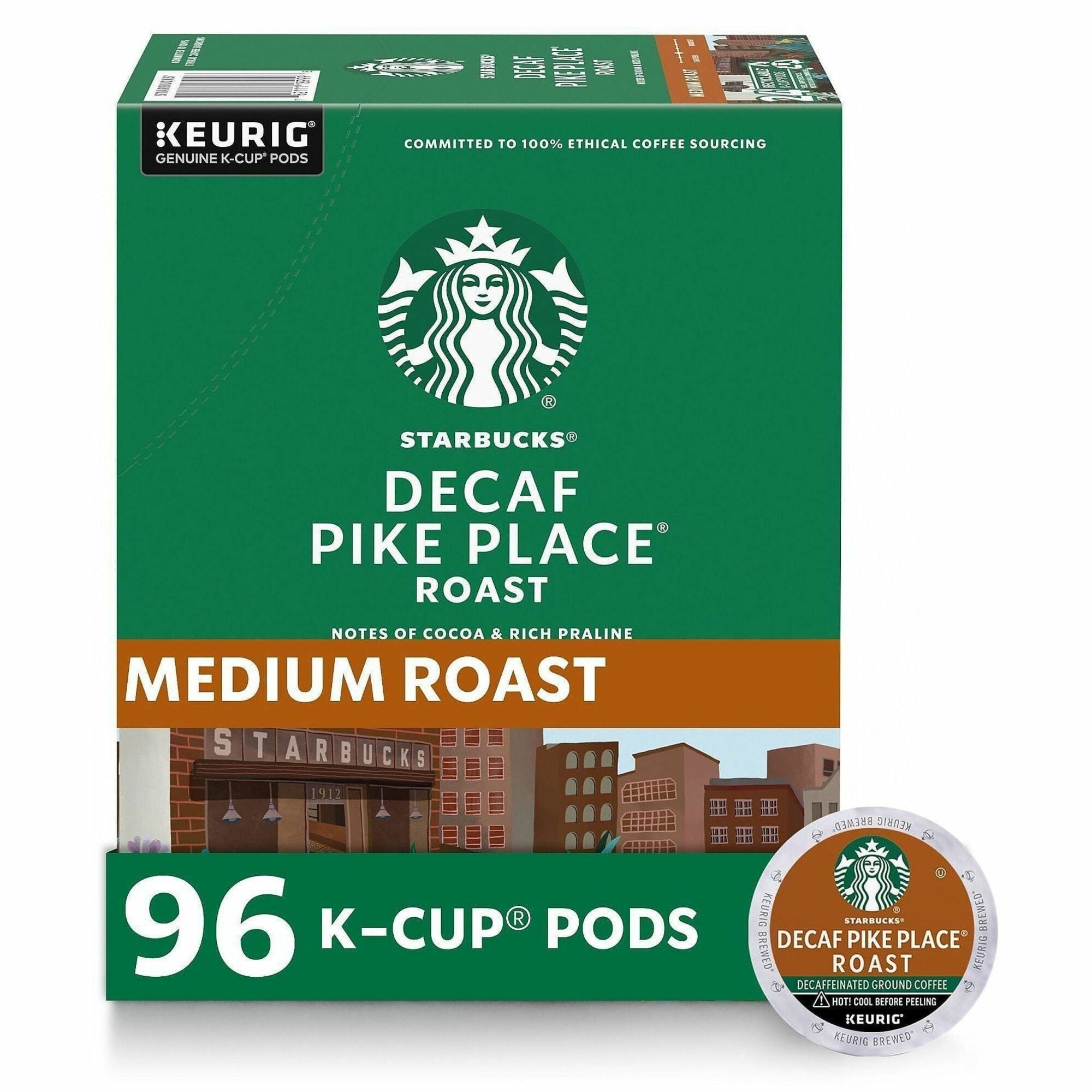 Starbucks® K-Cup Decaf Pike Place Roast Coffee - Compatible with Keurig K-Cup Brewer - American - Medium - 24 K-Cup - K-Cup - Arabica, Latin America, Chocolate, Toasted Nut, Pike Place Roast - Decaffeinated - 4 / Carton