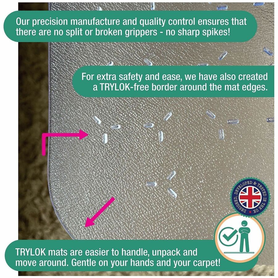 Floortex Cleartex TrYlok Chair Mat - Carpeted Floor, Chair, Indoor, Low Pile - 53" Length x 45" Width - Rectangular - Clear - 1 Each