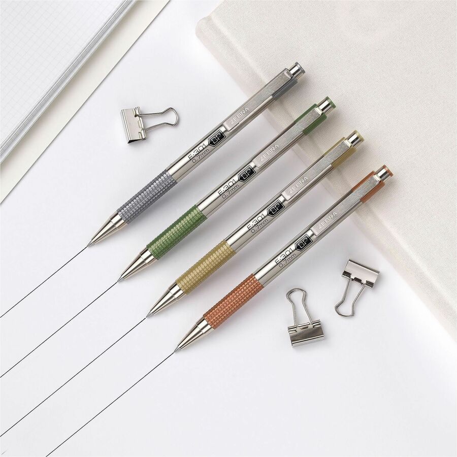 Zebra Pen F-301 EarthyTones Retractable Ballpoint Pens - 0.7 mm Fine Pen Point - Refillable - Retractable - Black Ink - Assorted Stainless Steel Barrel - School, Journaling, Writing - 4 / Pack