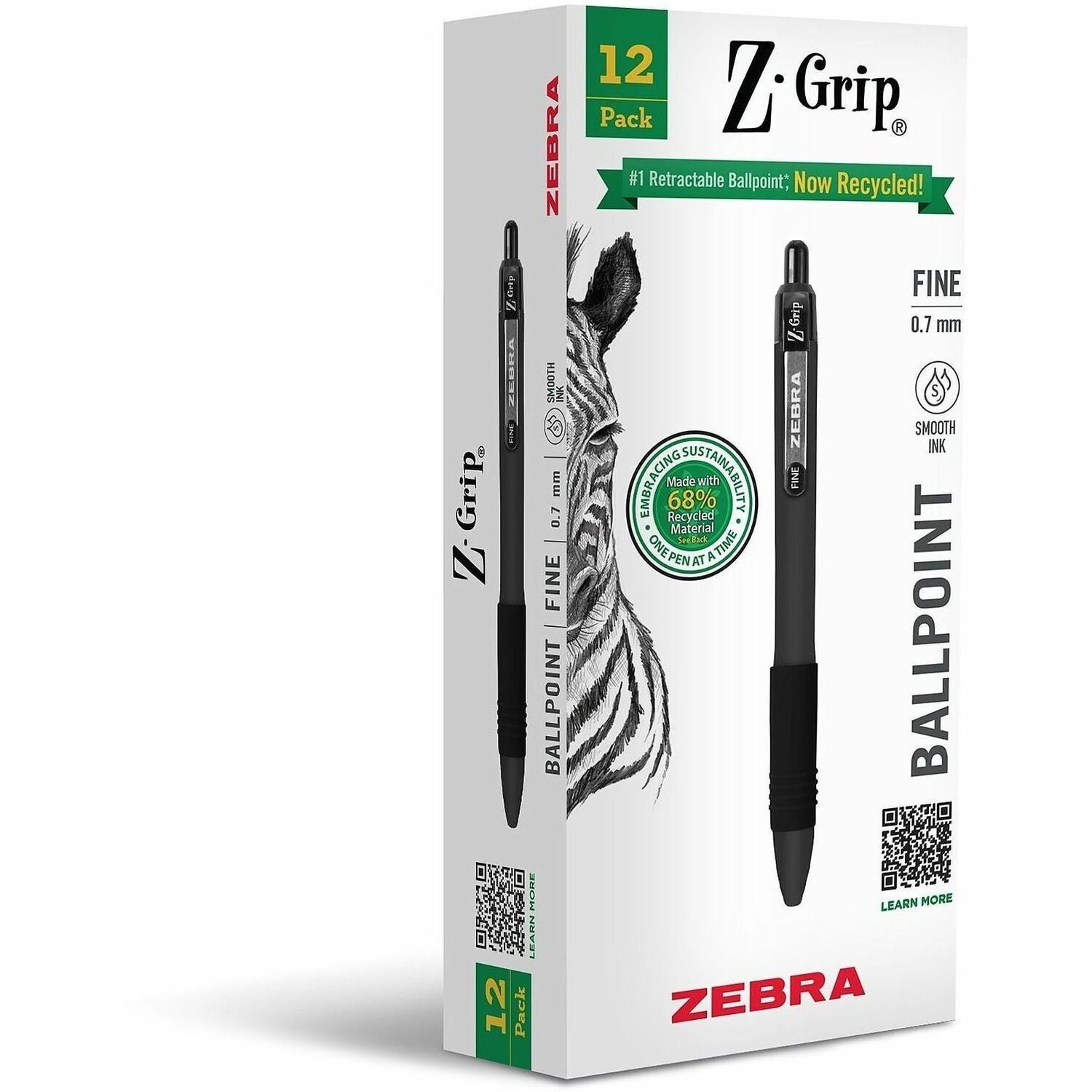 Zebra Pen Z-Grip Retractable Ballpoint Pens - 0.7 mm Fine Pen Point - Retractable - Black Ink - School, Home, Journaling - 1 Dozen