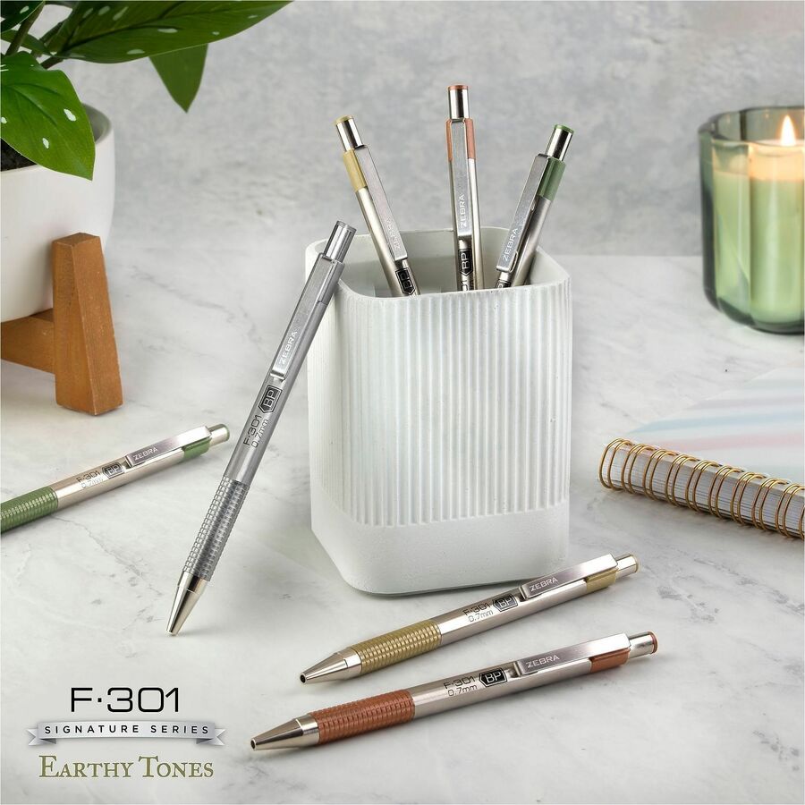 Zebra Pen F-301 EarthyTones Retractable Ballpoint Pens - 0.7 mm Fine Pen Point - Refillable - Retractable - Black Ink - Sage Stainless Steel Barrel - School, Journaling, Writing - 4 / Pack