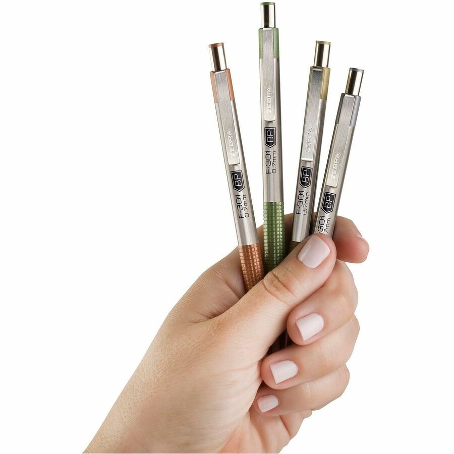 Zebra Pen F-301 EarthyTones Retractable Ballpoint Pens - 0.7 mm Fine Pen Point - Refillable - Retractable - Black Ink - Sage Stainless Steel Barrel - School, Journaling, Writing - 4 / Pack