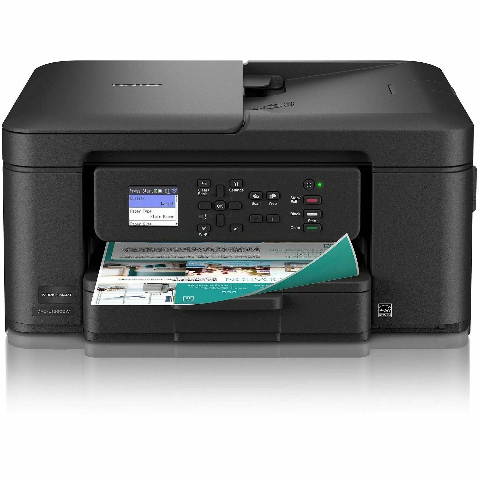 Brother Work Smart MFC-J1360DW Wired & Wireless Inkjet Multifunction Printer - Color - Black - Copier/Printer/Scanner - 16 ppm Mono/9 ppm Color Print - 1200 x 6000 dpi Print - Automatic Duplex Print - Up to 2000 Pages Monthly - ADF, Flatbed Scanner - 1...