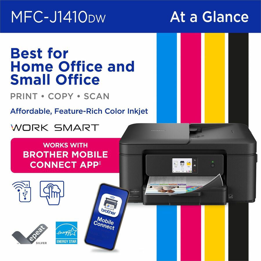 Brother Work Smart MFC-J1410DW Wired & Wireless Inkjet Multifunction Printer - Color - Copier/Printer/Scanner - 16 ppm Mono/9 ppm Color Print - 1200 x 6000 dpi Print - Automatic Duplex Print - Up to 2500 Pages Monthly - ADF Scanner - 1200 x 600 dpi Opt...