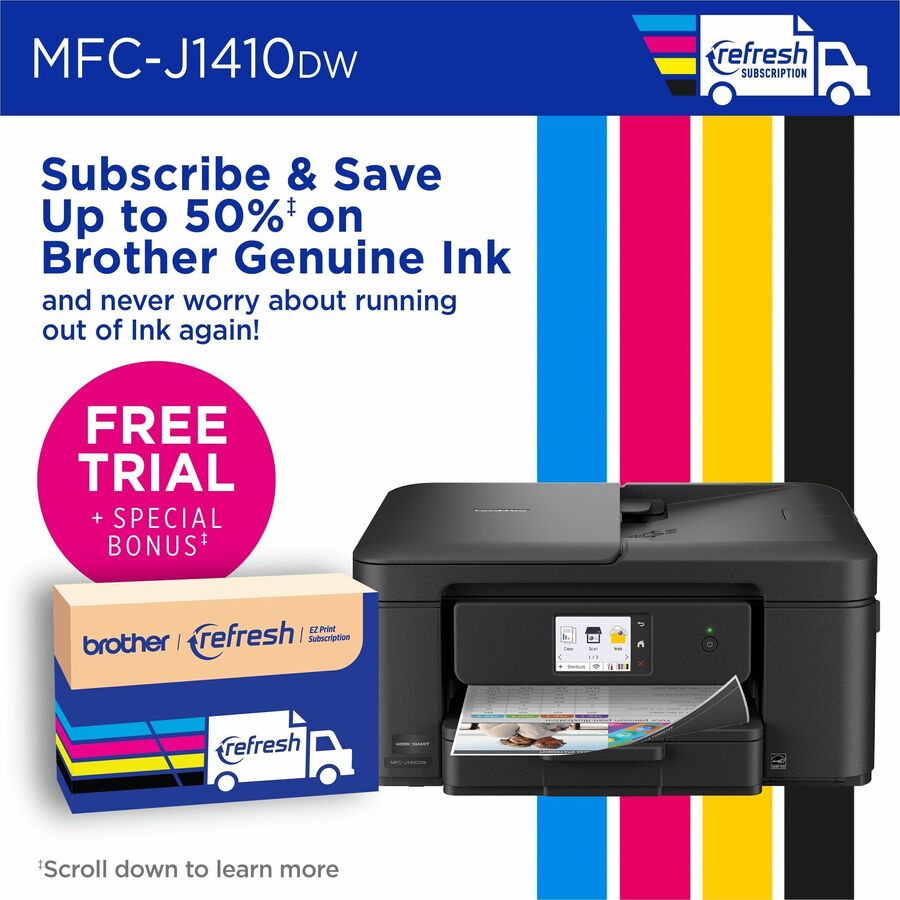 Brother Work Smart MFC-J1410DW Wired & Wireless Inkjet Multifunction Printer - Color - Copier/Printer/Scanner - 16 ppm Mono/9 ppm Color Print - 1200 x 6000 dpi Print - Automatic Duplex Print - Up to 2500 Pages Monthly - ADF Scanner - 1200 x 600 dpi Opt...