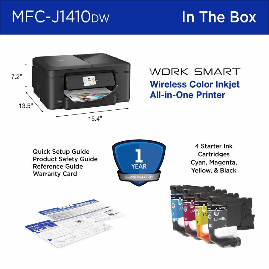 Brother Work Smart MFC-J1410DW Wired & Wireless Inkjet Multifunction Printer - Color - Copier/Printer/Scanner - 16 ppm Mono/9 ppm Color Print - 1200 x 6000 dpi Print - Automatic Duplex Print - Up to 2500 Pages Monthly - ADF Scanner - 1200 x 600 dpi Opt...