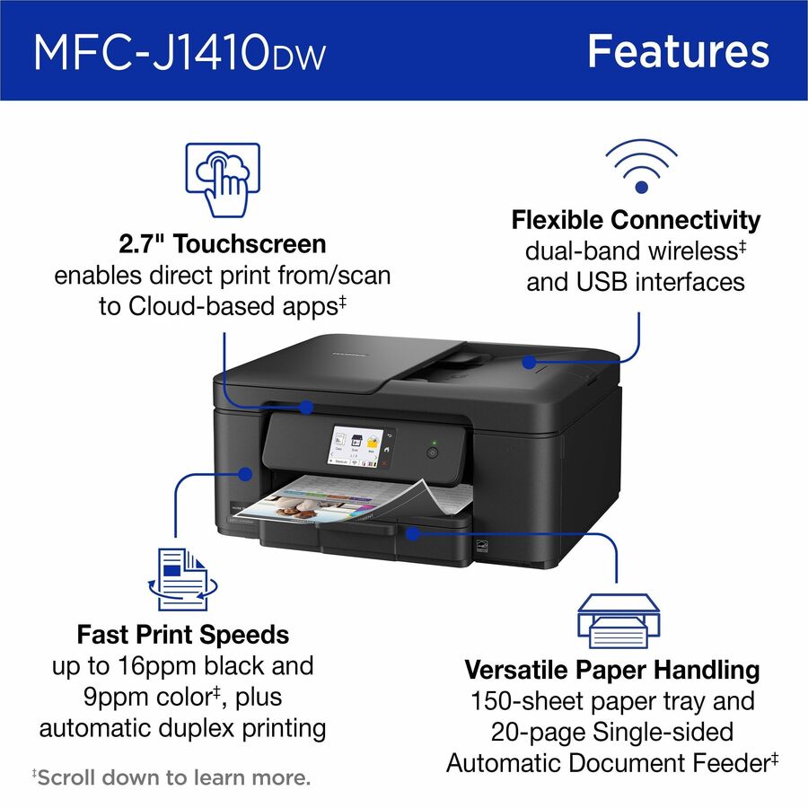 Brother Work Smart MFC-J1410DW Wired & Wireless Inkjet Multifunction Printer - Color - Copier/Printer/Scanner - 16 ppm Mono/9 ppm Color Print - 1200 x 6000 dpi Print - Automatic Duplex Print - Up to 2500 Pages Monthly - ADF Scanner - 1200 x 600 dpi Opt...