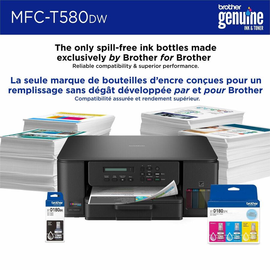 Brother MFC-T580DW Wired & Wireless INKvestment Tank Inkjet Multifunction Printer - Color - Copier/Printer/Scanner - 16 ppm Mono/9 ppm Color Print - Automatic Duplex Print - Up to 2500 Pages Monthly - Flatbed Scanner - 2400 x 1200 dpi Optical Scan - Wi...
