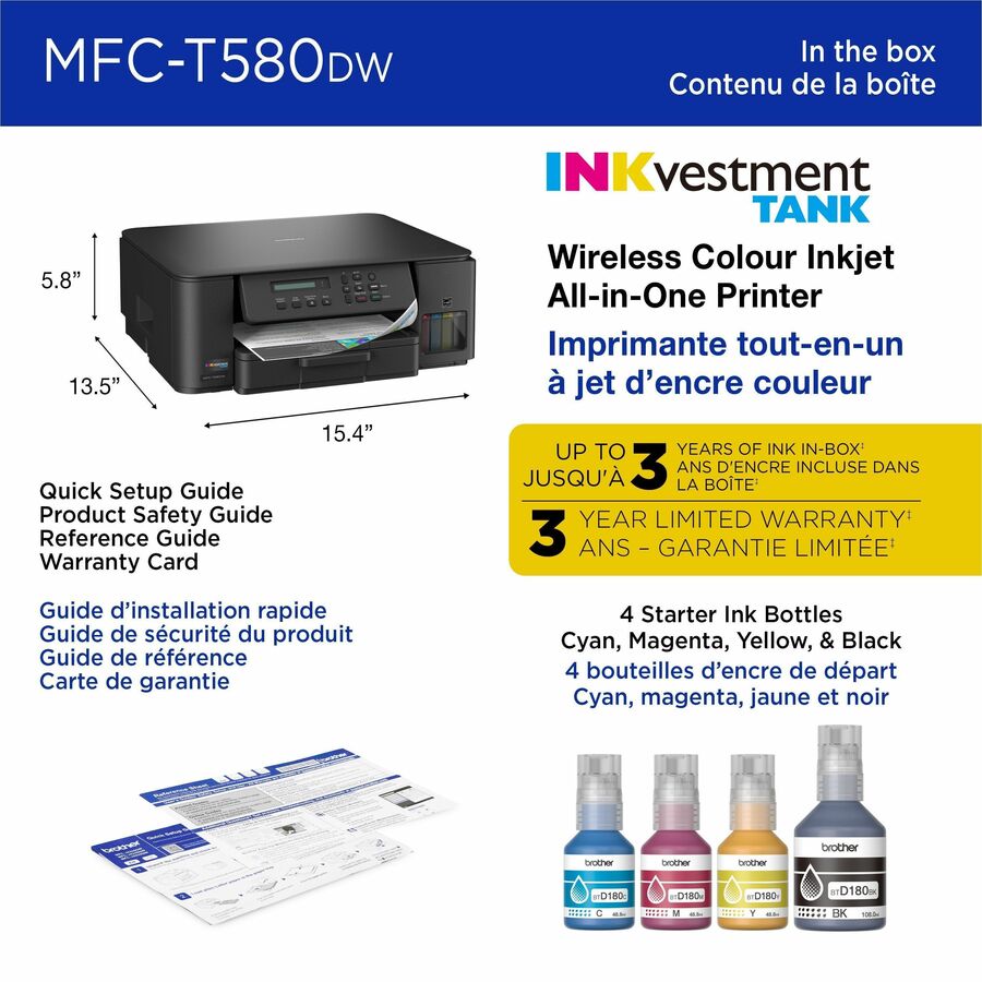 Brother MFC-T580DW Wired & Wireless INKvestment Tank Inkjet Multifunction Printer - Color - Copier/Printer/Scanner - 16 ppm Mono/9 ppm Color Print - Automatic Duplex Print - Up to 2500 Pages Monthly - Flatbed Scanner - 2400 x 1200 dpi Optical Scan - Wi...