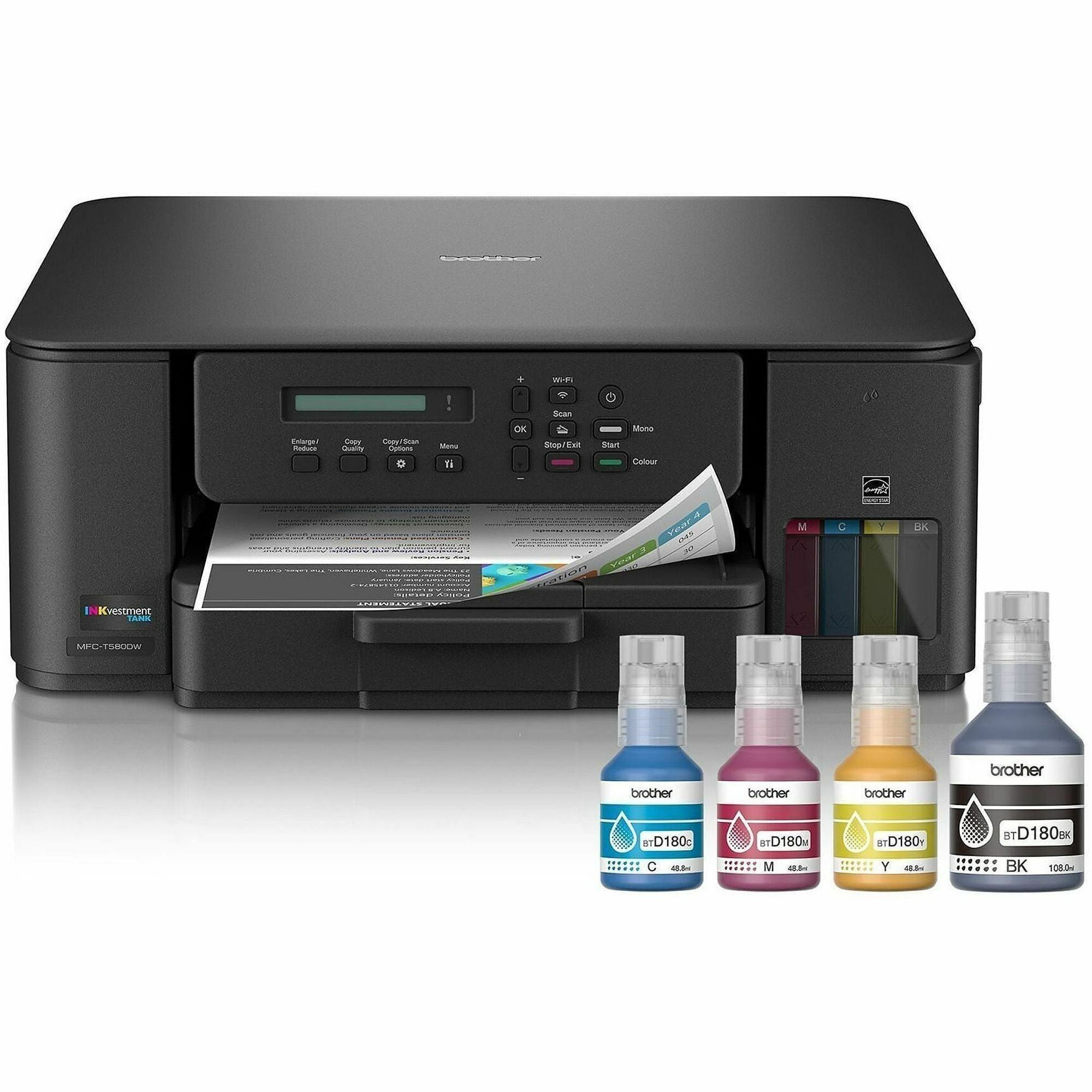 Brother MFC-T580DW Wired & Wireless INKvestment Tank Inkjet Multifunction Printer - Color - Copier/Printer/Scanner - 16 ppm Mono/9 ppm Color Print - Automatic Duplex Print - Up to 2500 Pages Monthly - Flatbed Scanner - 2400 x 1200 dpi Optical Scan - Wi...