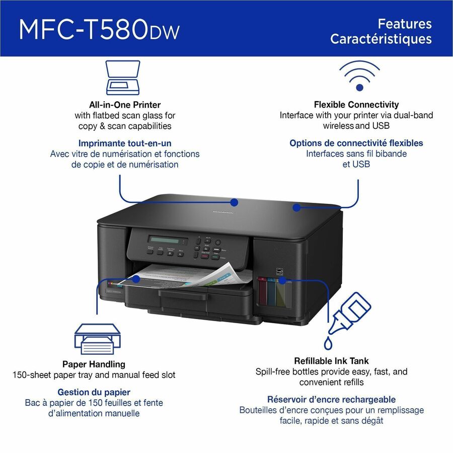 Brother MFC-T580DW Wired & Wireless INKvestment Tank Inkjet Multifunction Printer - Color - Copier/Printer/Scanner - 16 ppm Mono/9 ppm Color Print - Automatic Duplex Print - Up to 2500 Pages Monthly - Flatbed Scanner - 2400 x 1200 dpi Optical Scan - Wi...