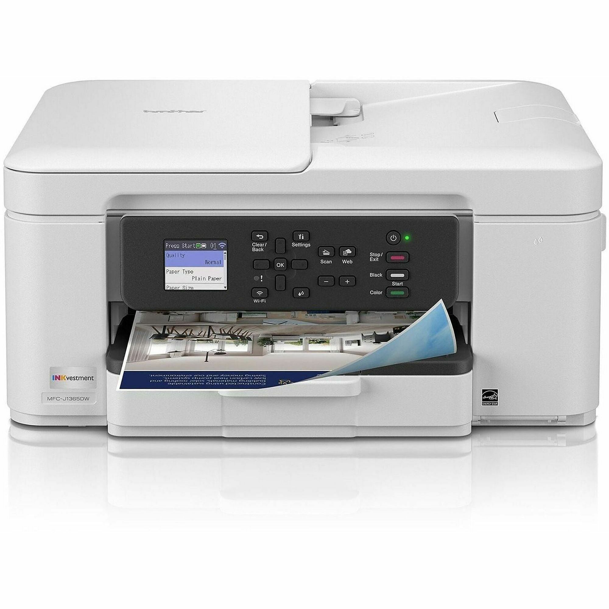 Brother MFCJ1365DW Inkjet Multifunction Printer - Color - Copier/Printer/Scanner - 16 ppm Mono/9 ppm Color Print - 1200 x 6000 dpi Print - Automatic Duplex Print - Up to 2500 Pages Monthly - Color ADF Scanner - 1200 x 600 dpi Optical Scan - Wireless LA...