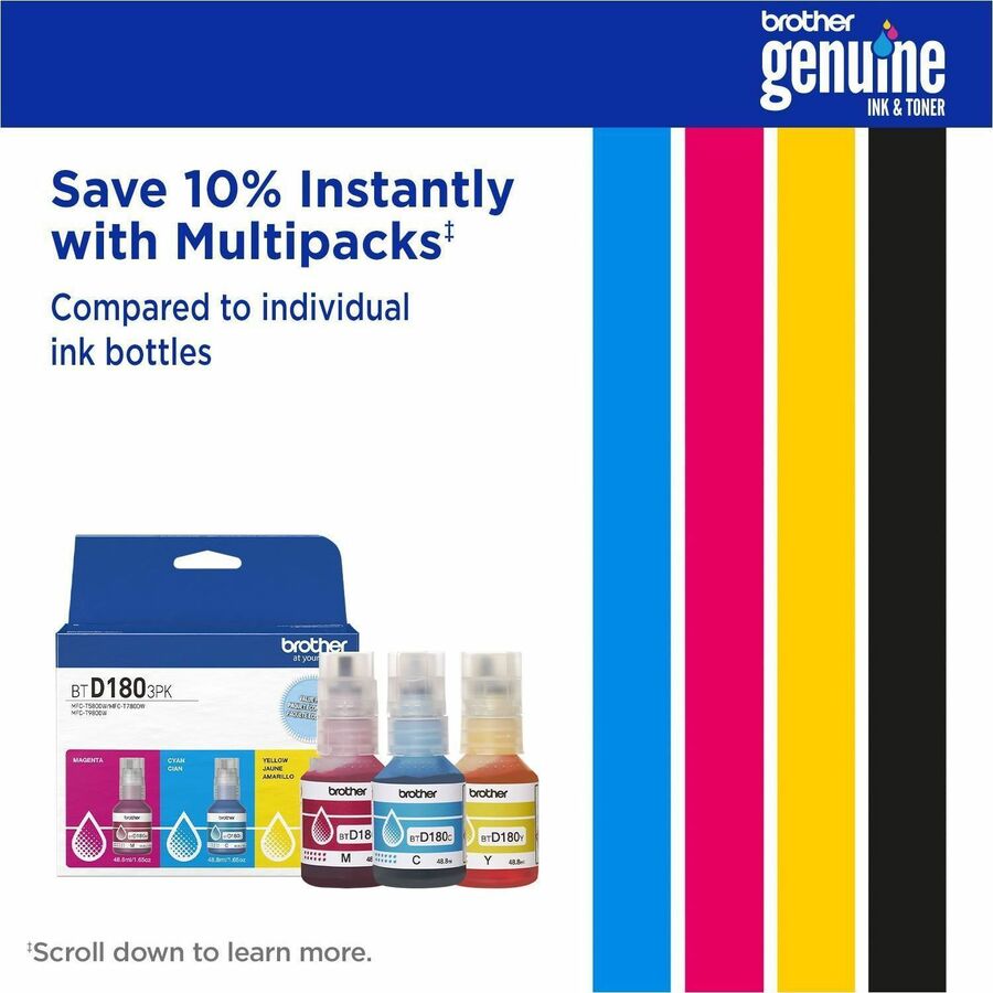 Brother Genuine BTD1803PK 3-Pack High Yield Cyan, Magenta, and Yellow Ink Bottles - Inkjet - Cyan, Magenta, Yellow - 5000 Pages - High Yield - 3 / Pack
