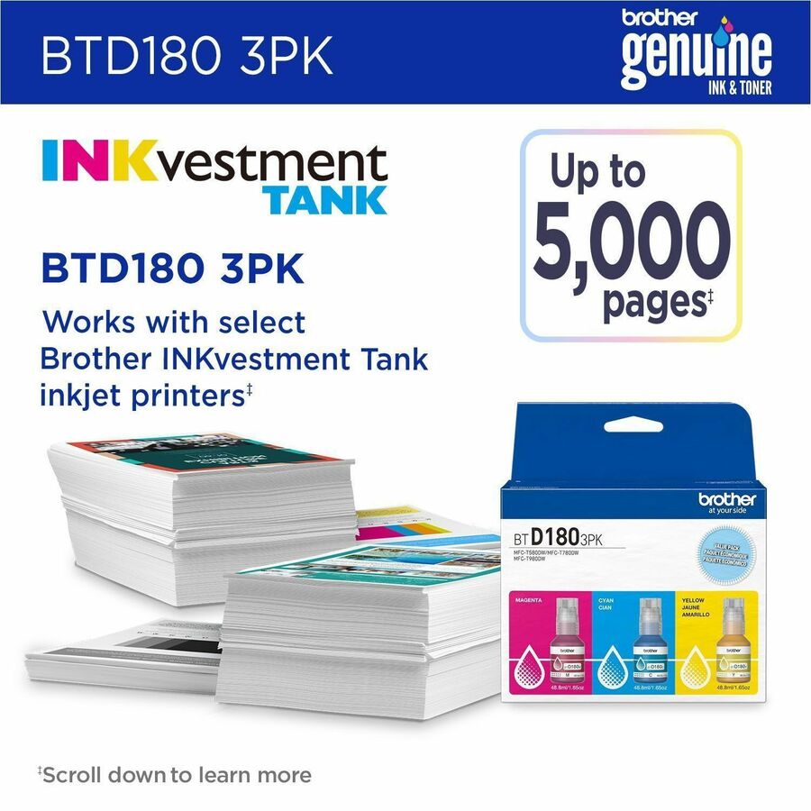 Brother Genuine BTD1803PK 3-Pack High Yield Cyan, Magenta, and Yellow Ink Bottles - Inkjet - Cyan, Magenta, Yellow - 5000 Pages - High Yield - 3 / Pack