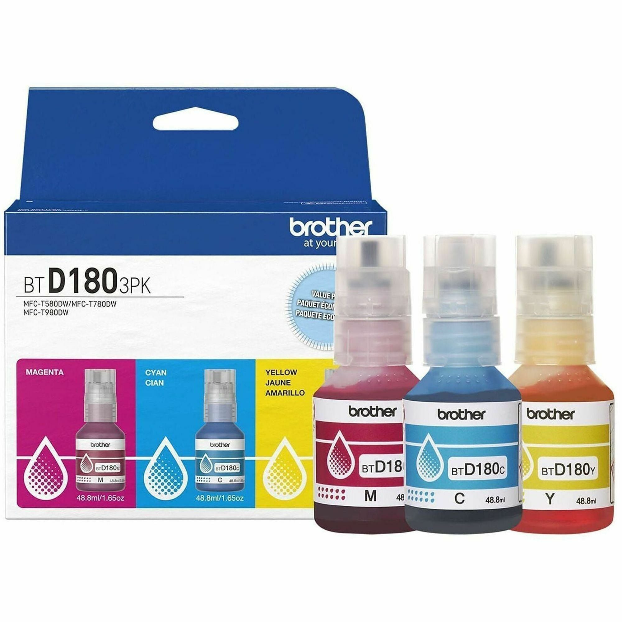 Brother Genuine BTD1803PK 3-Pack High Yield Cyan, Magenta, and Yellow Ink Bottles - Inkjet - Cyan, Magenta, Yellow - 5000 Pages - High Yield - 3 / Pack