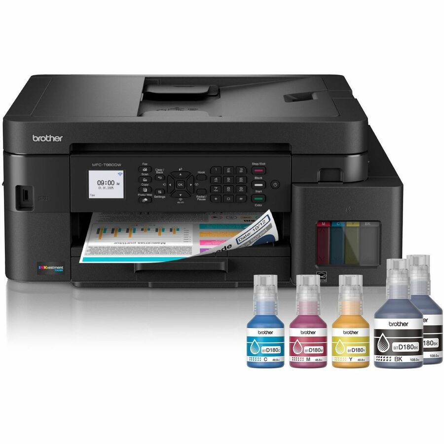 Brother MFC-T980DW Wired & Wireless INKvestment Tank Inkjet Multifunction Printer - Color - Copier/Fax/Printer/Scanner - 17 ppm Mono/16.5 ppm Color Print - Automatic Duplex Print - Up to 2500 Pages Monthly - Flatbed, ADF Scanner - 1200 x 2400 dpi Optic...
