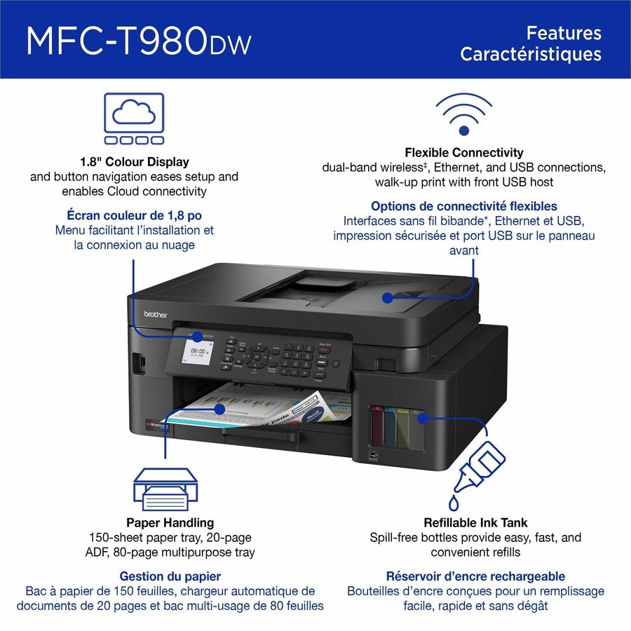 Brother MFC-T980DW Wired & Wireless INKvestment Tank Inkjet Multifunction Printer - Color - Copier/Fax/Printer/Scanner - 17 ppm Mono/16.5 ppm Color Print - Automatic Duplex Print - Up to 2500 Pages Monthly - Flatbed, ADF Scanner - 1200 x 2400 dpi Optic...