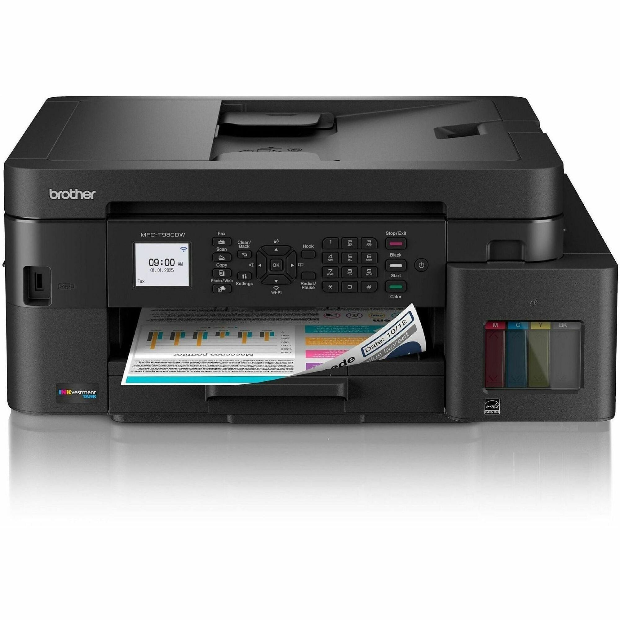 Brother MFC-T980DW Wired & Wireless INKvestment Tank Inkjet Multifunction Printer - Color - Copier/Fax/Printer/Scanner - 17 ppm Mono/16.5 ppm Color Print - Automatic Duplex Print - Up to 2500 Pages Monthly - Flatbed, ADF Scanner - 1200 x 2400 dpi Optic...