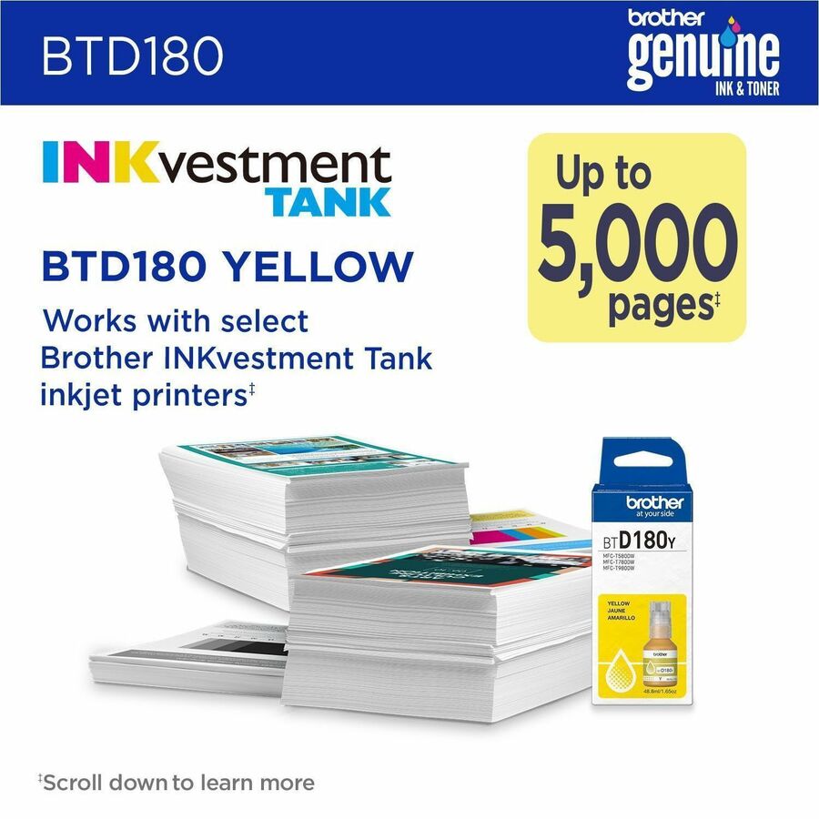 Brother Genuine BTD180Y High Yield Yellow Ink Bottle - Inkjet - Yellow - 5000 Pages Yellow - 48.8 mL - High Yield - 1 Each