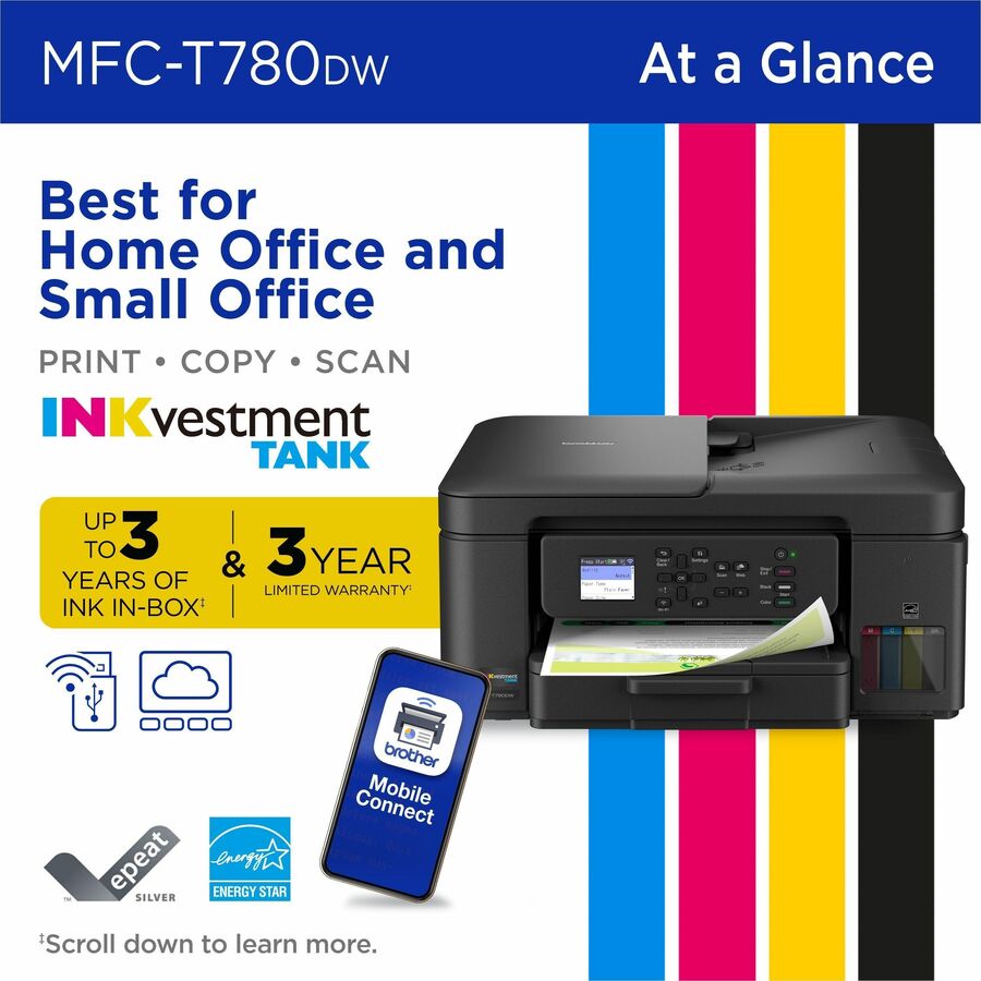 Brother MFC-T780DW Wired & Wireless INKvestment Tank Inkjet Multifunction Printer - Color - Copier/Printer/Scanner - 16 ppm Mono/15.5 ppm Color Print - Automatic Duplex Print - Up to 2500 Pages Monthly - Flatbed, ADF Scanner - 2400 x 1200 dpi Optical S...