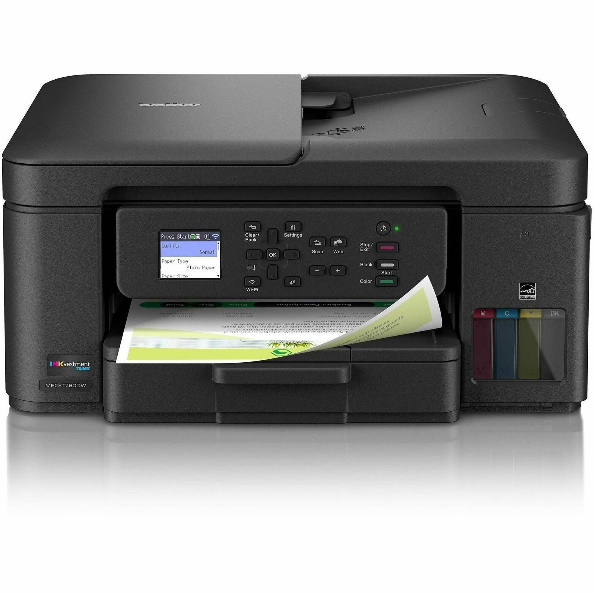 Brother MFC-T780DW Wired & Wireless INKvestment Tank Inkjet Multifunction Printer - Color - Copier/Printer/Scanner - 16 ppm Mono/15.5 ppm Color Print - Automatic Duplex Print - Up to 2500 Pages Monthly - Flatbed, ADF Scanner - 2400 x 1200 dpi Optical S...