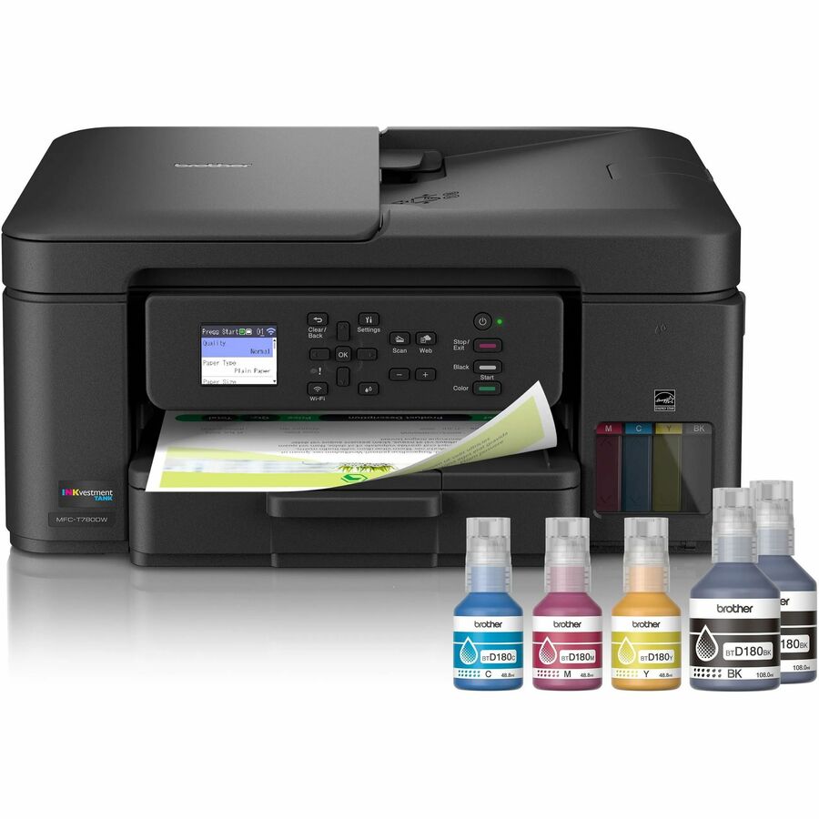 Brother MFC-T780DW Wired & Wireless INKvestment Tank Inkjet Multifunction Printer - Color - Copier/Printer/Scanner - 16 ppm Mono/15.5 ppm Color Print - Automatic Duplex Print - Up to 2500 Pages Monthly - Flatbed, ADF Scanner - 2400 x 1200 dpi Optical S...