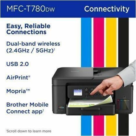 Brother MFC-T780DW Wired & Wireless INKvestment Tank Inkjet Multifunction Printer - Color - Copier/Printer/Scanner - 16 ppm Mono/15.5 ppm Color Print - Automatic Duplex Print - Up to 2500 Pages Monthly - Flatbed, ADF Scanner - 2400 x 1200 dpi Optical S...