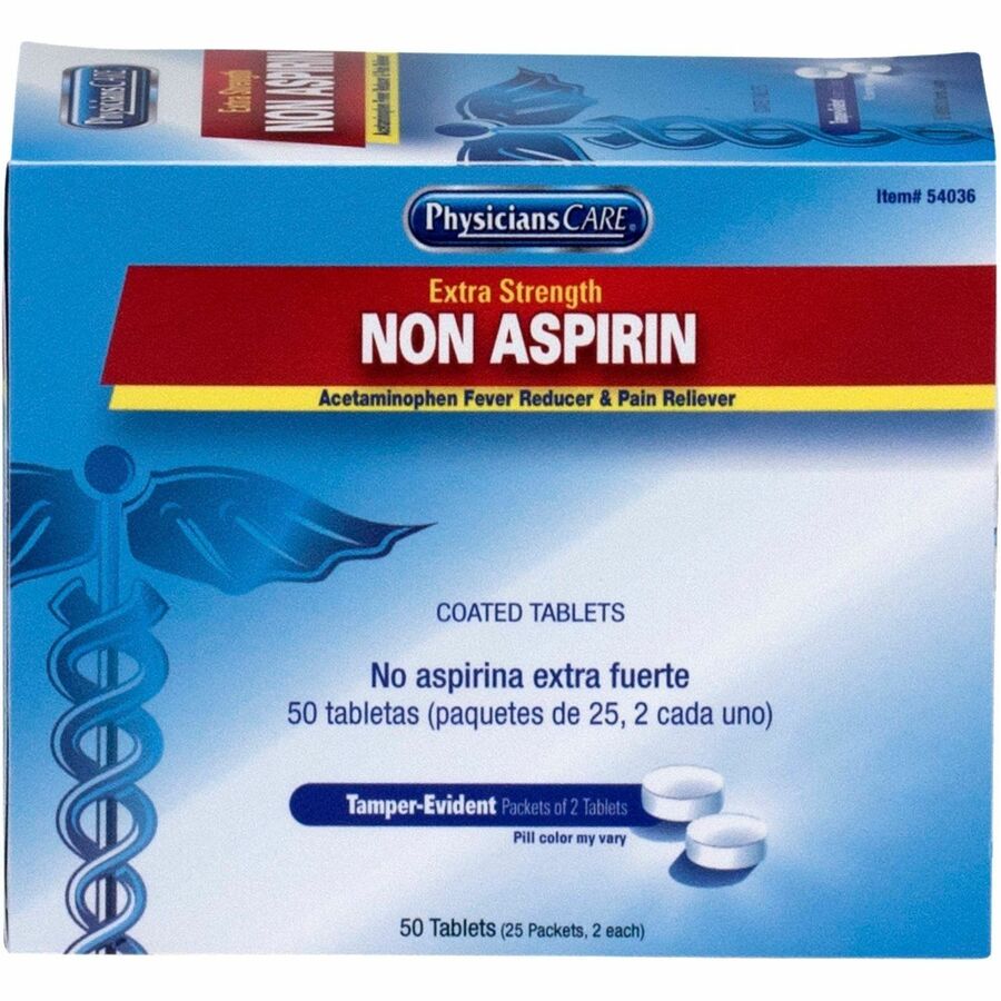 PhysiciansCare ExtraStrength Acetaminophen Tablets - For Headache, Pain, Arthritis, Common Cold, Menstrual Cramp - 2 Tablets/Packet - 50 / Box