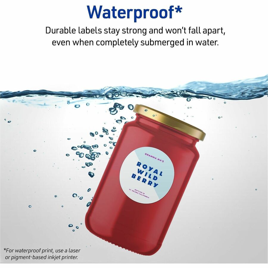 Avery 2" Waterproof Round Labels - Waterproof - x 2" Diameter - Round - Inkjet, Laser - White Matte - Polyester Film - Durable, Adhesive, Oil Resistant, Grease Resistant, Weather Resistant, Smudge Resistant, Fade Resistant, Print-to-the Edge - 12 / She...