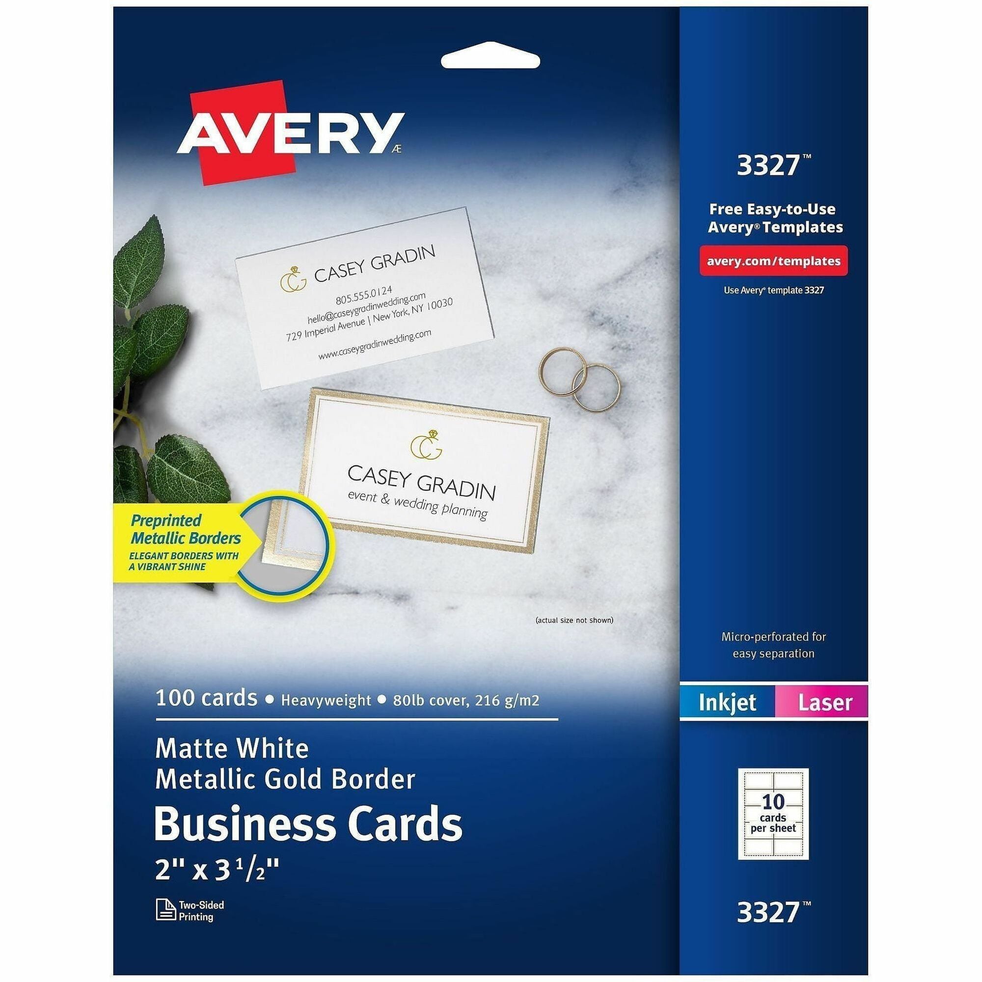 Avery Business Card - 2" x 3 1/2" - 80 lb Basis Weight - 216 g/m² Grammage - Pre-printed, Printable, Double-sided - White - 100 / Pack