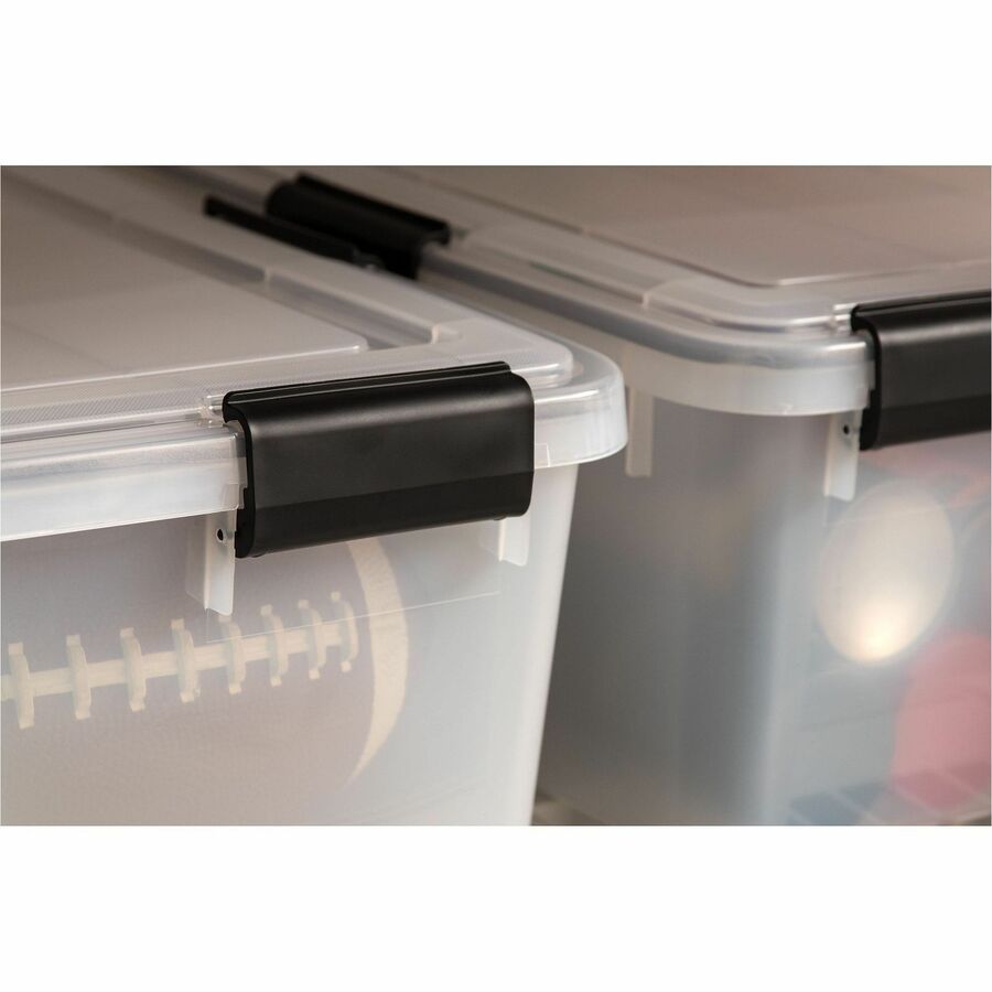 IRIS WeatherTight Heavy-duty Storage Tote - External Dimensions: 23.6" Width x 17.8" Depth x 7.9" Height - 10.30 gal - Lid, Buckle Latch Closure - Heavy Duty - Stackable - Plastic - Clear, Black - For Supplies, Camping Equipment, Clothes - 1 Each