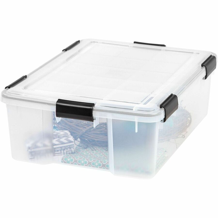 IRIS WeatherTight Heavy-duty Storage Tote - External Dimensions: 23.6" Width x 17.8" Depth x 7.9" Height - 10.30 gal - Lid, Buckle Latch Closure - Heavy Duty - Stackable - Plastic - Clear, Black - For Supplies, Camping Equipment, Clothes - 1 Each