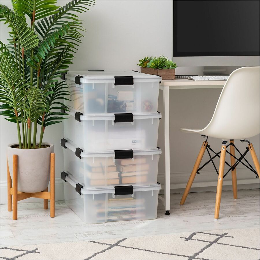 IRIS WeatherTight Heavy-duty Storage Tote - External Dimensions: 23.6" Width x 17.8" Depth x 7.9" Height - 10.30 gal - Lid, Buckle Latch Closure - Heavy Duty - Stackable - Plastic - Clear, Black - For Supplies, Camping Equipment, Clothes - 1 Each