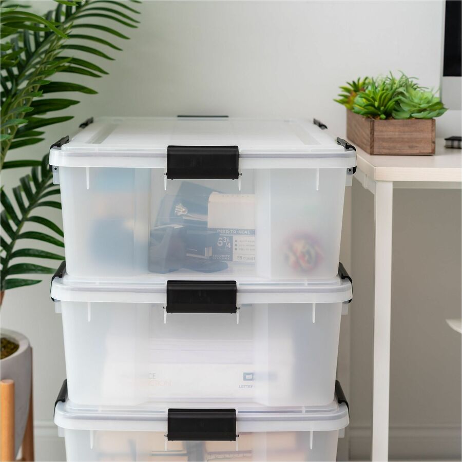 IRIS WeatherTight Heavy-duty Storage Tote - External Dimensions: 23.6" Width x 17.8" Depth x 7.9" Height - 10.30 gal - Lid, Buckle Latch Closure - Heavy Duty - Stackable - Plastic - Clear, Black - For Supplies, Camping Equipment, Clothes - 1 Each