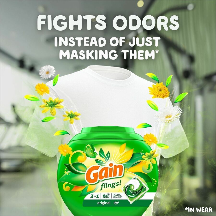 Gain Flings Detergent Pacs - For Multipurpose - Gain, Original Scent - Easy to Use - Green - 76/Pack - 4 / Carton