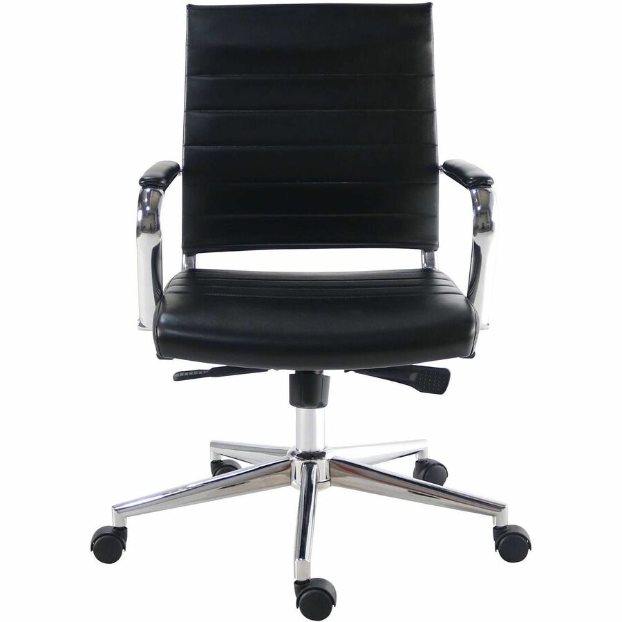 Lorell Tempo Modern Mid-Back Manager Chair - Chrome Frame Material - Mid Back - Black - Leather, Chrome - Armrest - 1 Each