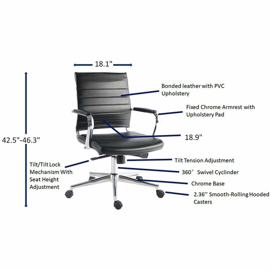 Lorell Tempo Modern Mid-Back Manager Chair - Chrome Frame Material - Mid Back - Black - Leather, Chrome - Armrest - 1 Each