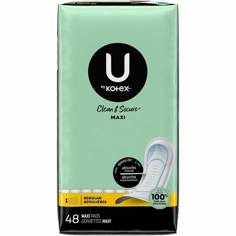 U by Kotex Clean & Secure Maxi Pads - Maxi - Regular Absorbency, Anti-leak, Chlorine-free, Fragrance-free, Hypoallergenic, Pesticide-free, Latex-free - 48 / Pack