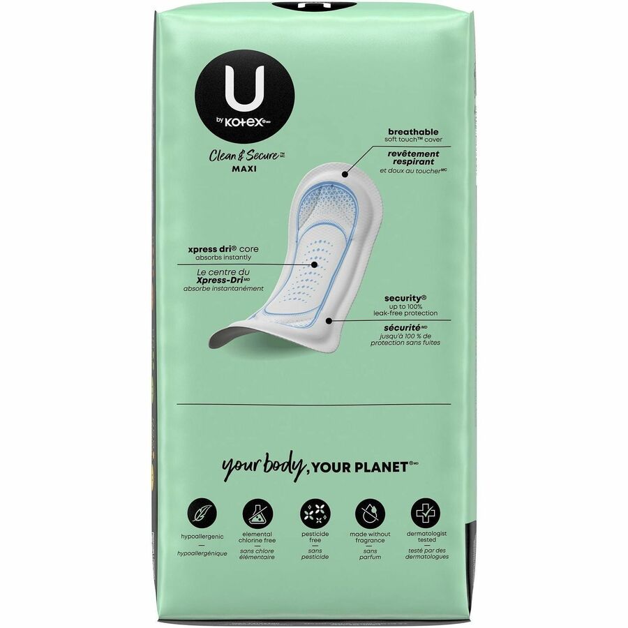 U by Kotex Clean & Secure Maxi Pads - Maxi - Regular Absorbency, Anti-leak, Chlorine-free, Fragrance-free, Hypoallergenic, Pesticide-free, Latex-free - 48 / Pack