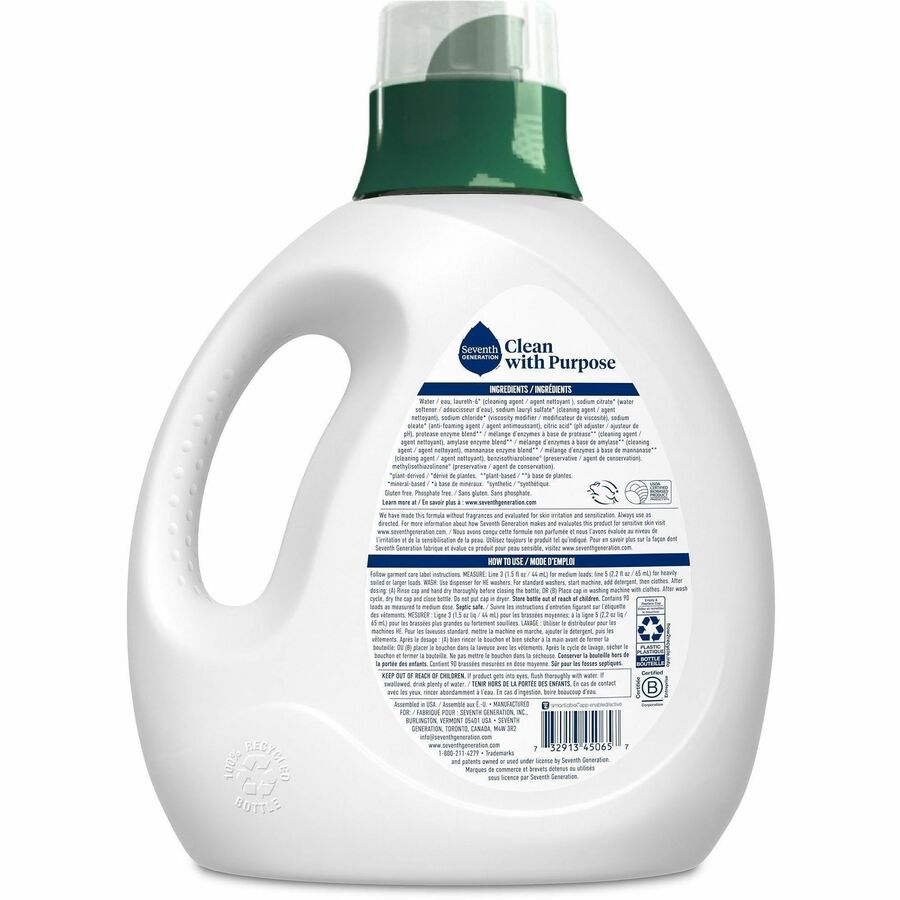 Seventh Generation Natural Laundry Detergent - For Laundry, Washing Machine - Liquid - 135 fl oz (4.2 quart) - Free & Clear Scent - 33 Loads - Recommended For: Stain Remover - Enzyme Activated, Hypoallergenic, Kosher, Fragrance-free, Dye-free, Bio-base...