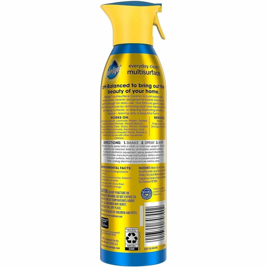 Pledge Everyday Clean MS Cleaner Spray - For Multi Surface - Spray, Aerosol - 9.7 fl oz (0.3 quart) - Recommended For: Dust Remover, Streak Remover, Residue Remover, Fingerprint Remover, Smudge Remover, Smear Remover - pH Balanced - 6 / Carton