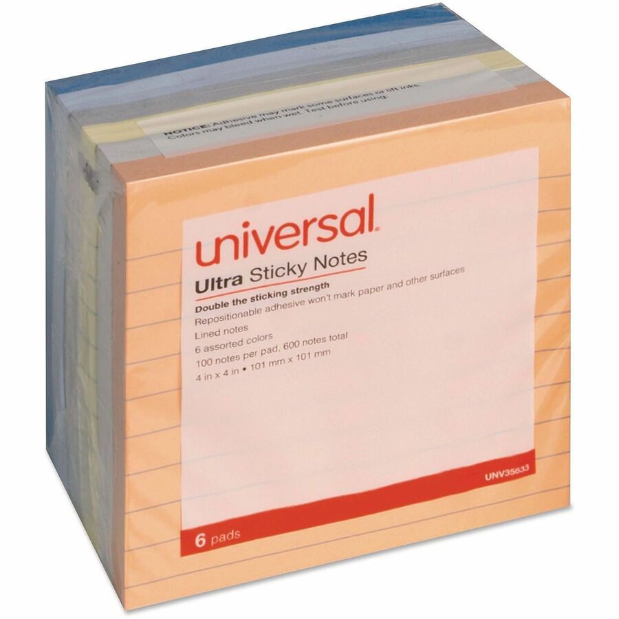 Universal Note Pad - 600 x Assorted - 4" Flag/Note Width x 4" Flag/Note Length - Square - 100 Sheets per Pad - Ruled - Gray, Yellow, Blue Aura, Circular Gray, Peach, Tranquil Blue - Paperboard - Self-stick, Adhesive, Sticky - 6 Pads/Pack - 1 Pack