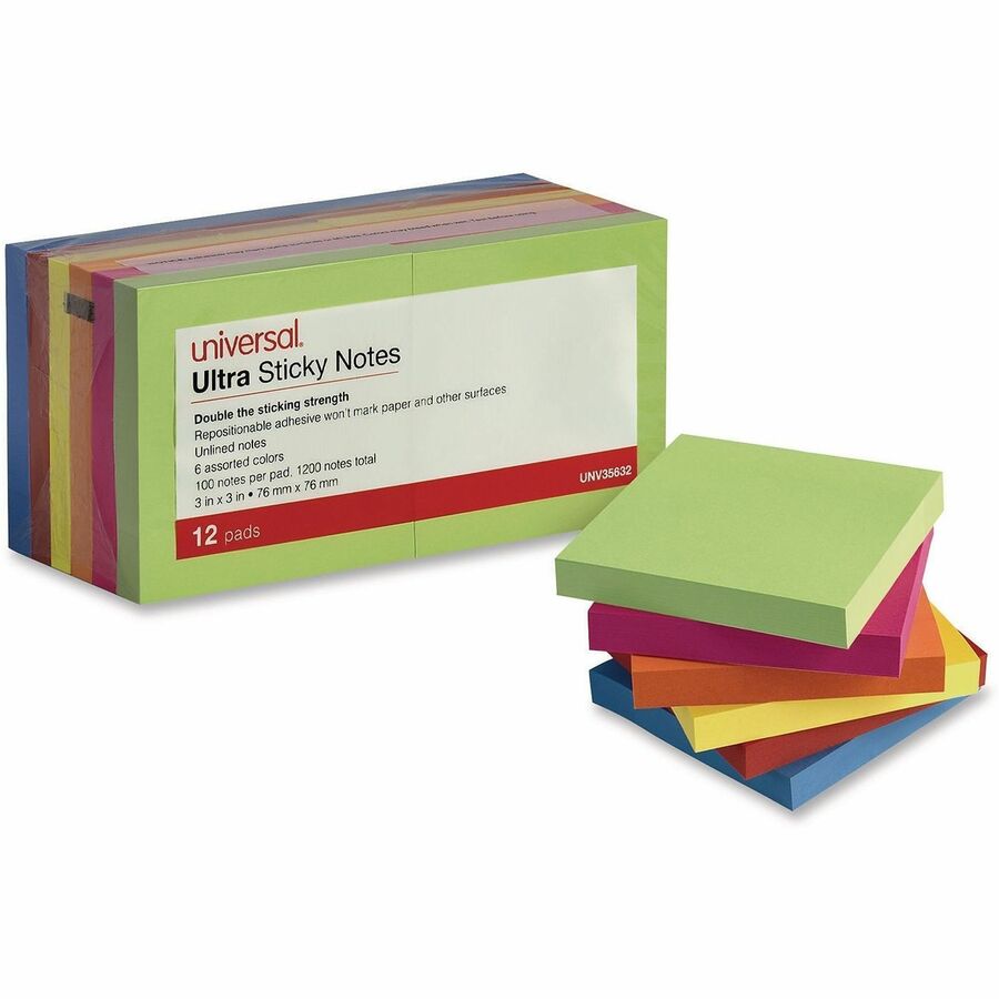 Universal Note Pad - 1200 x Assorted - 3" Flag/Note Width x 3" Flag/Note Length - Square - 100 Sheets per Pad - Ruled - Gray, Yellow, Blue Aura, Circular Gray, Tranquil Blue, Peach - Paper - Self-stick, Adhesive, Sticky - 12 Pads/Pack - 1 Pack