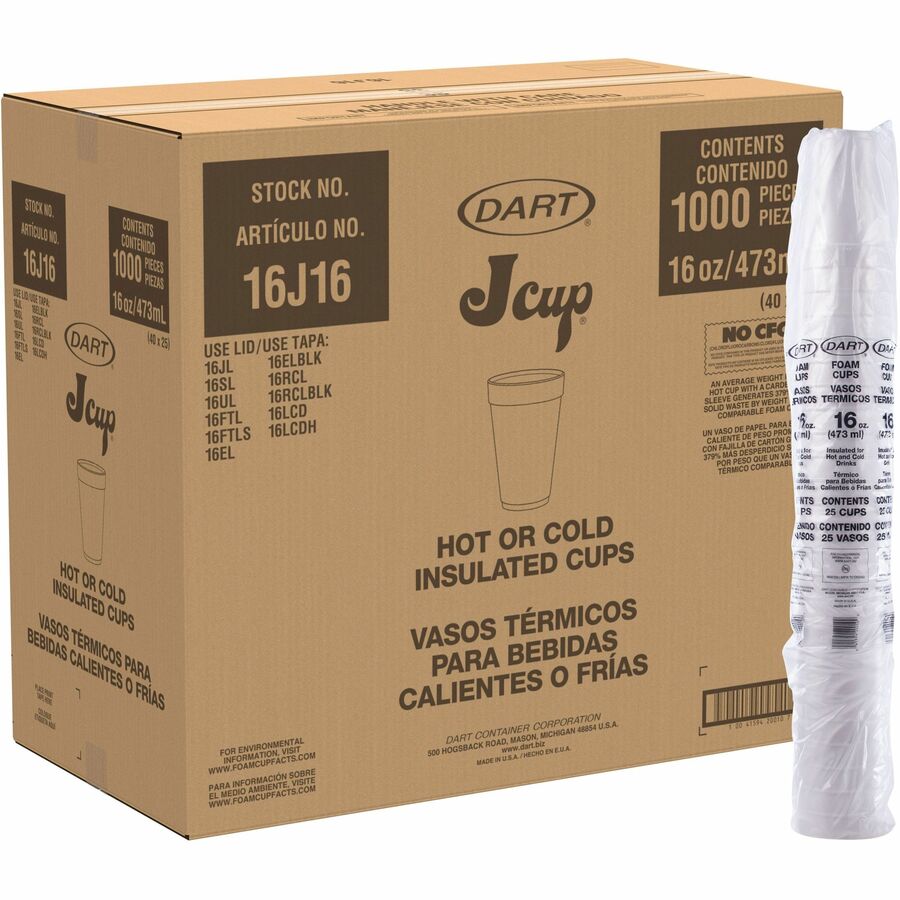 Dart J Cup 16 oz Insulated Foam Cups - 16 fl oz - White - Foam - Cold Drink, Hot Drink, Soft Drink - 25/Bag - 40 / Carton